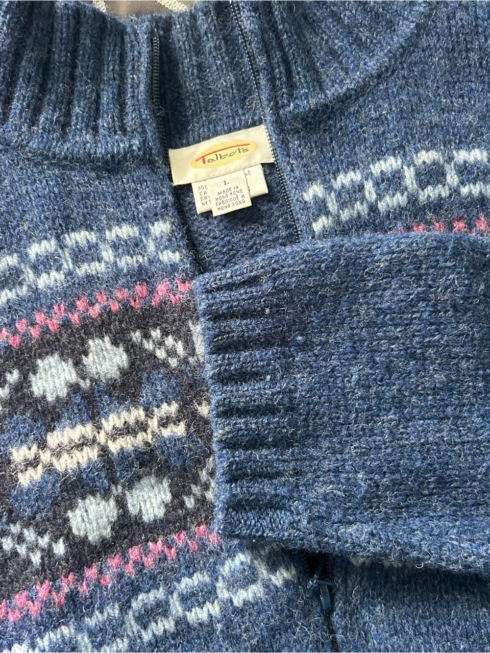 Talbots Navy Fair Isle Zip Cardigan with Pink and Cream Accents